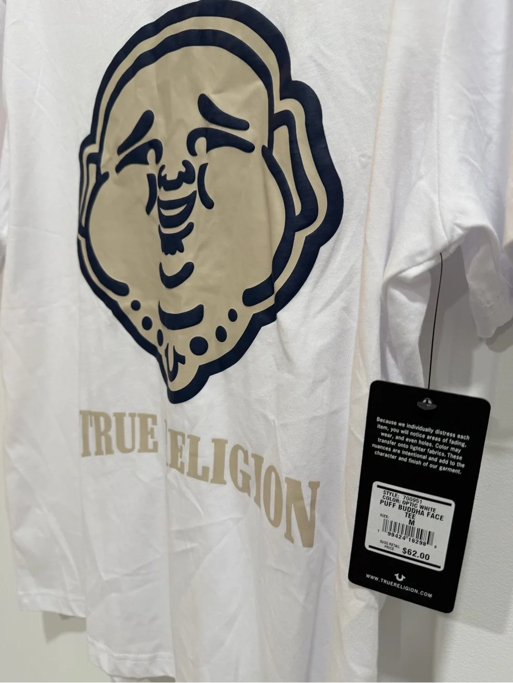 True Religion White Short-Sleeve Tee with Beige and Navy Graphic